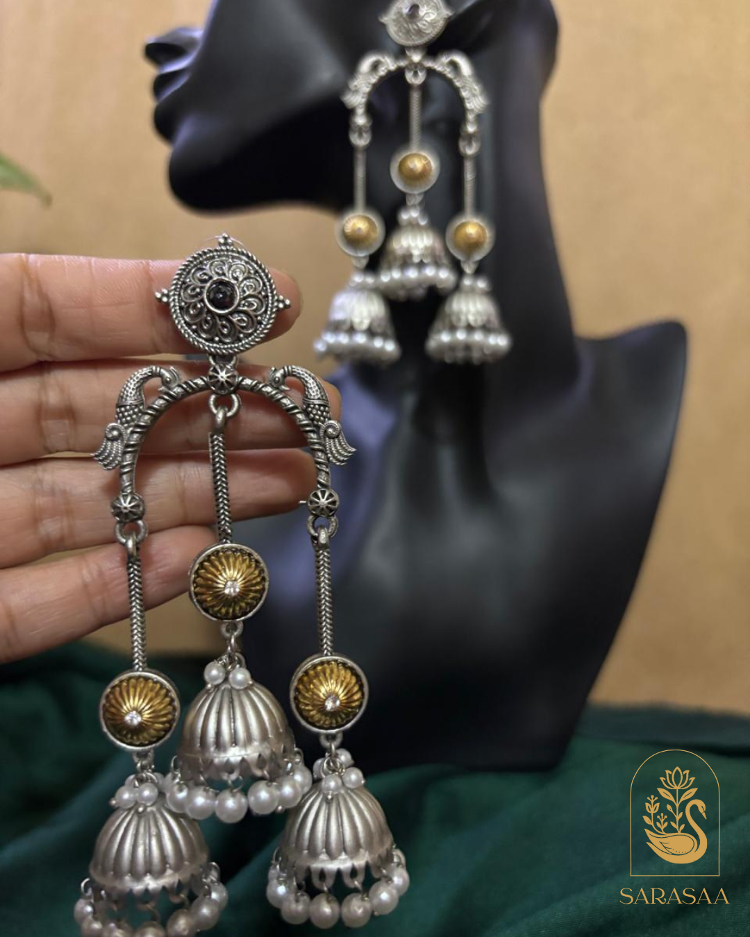 SarasaaFashion Oxidized Silver Tone Jhumka Earrings with Dual-Tone Accents & Pearl Drops - 180