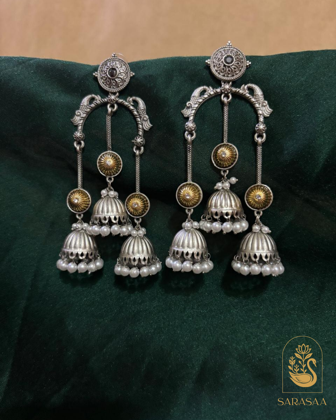 SarasaaFashion Oxidized Silver Tone Jhumka Earrings with Dual-Tone Accents & Pearl Drops - 180
