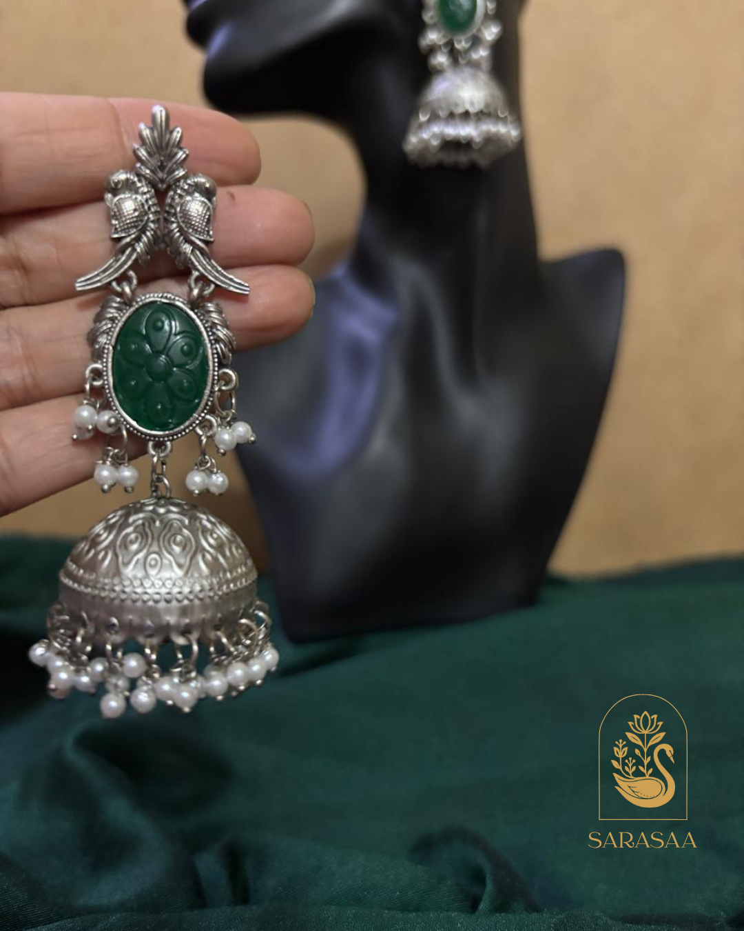 SarasaaFashion Oxidized Silver Jhumka Earrings with Dark Green Stone and Pearl - 177