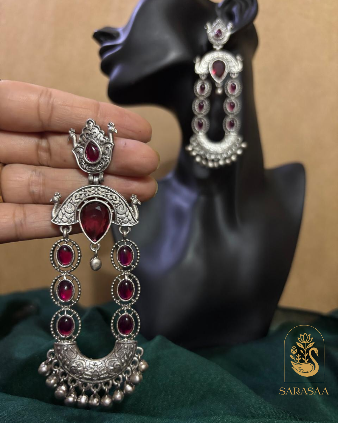 SarasaaFashion Ruby Pink Stoned Oxidized chandelier Drop Earrings - 184