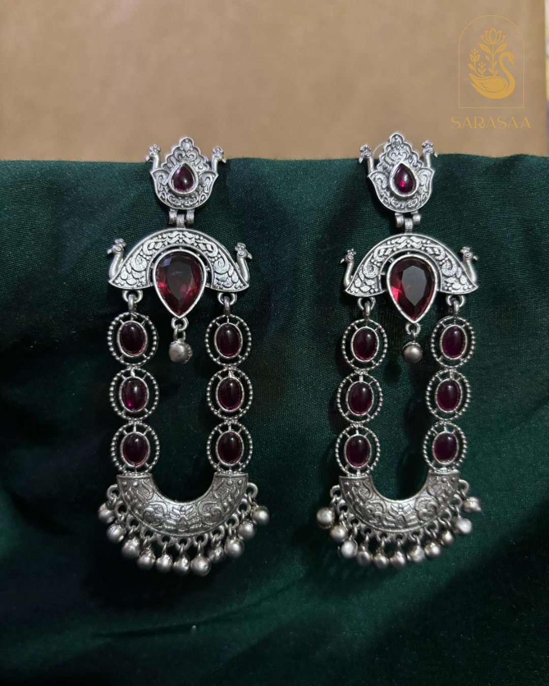SarasaaFashion Ruby Pink Stoned Oxidized chandelier Drop Earrings - 184