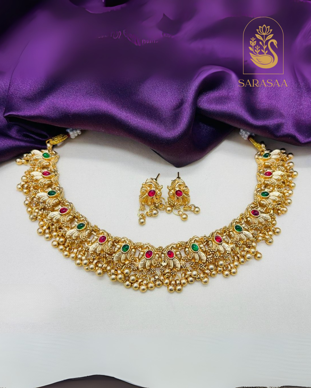 Sarasaa Sarasaa Gold Plated Guttapusalu Necklace Set with Ruby & Emerald Stones and Pearl Cluster