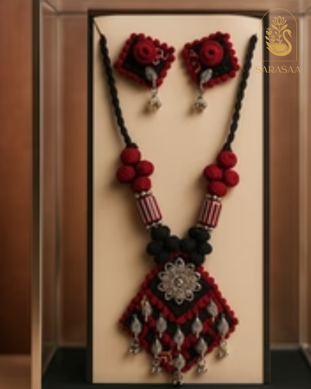 SarasaaFashion Royal Red & Black Handmade Thread Necklace Set with Floral Pendant - 191