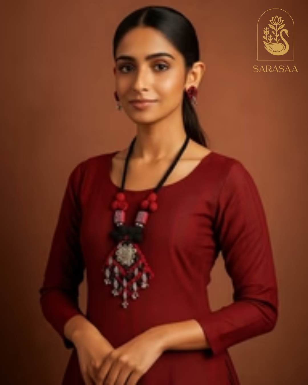 SarasaaFashion Royal Red & Black Handmade Thread Necklace Set with Floral Pendant - 191