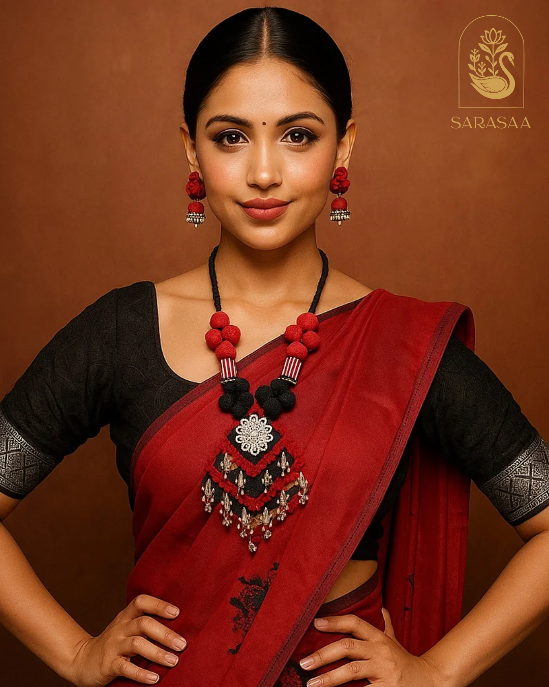 SarasaaFashion Royal Red & Black Handmade Thread Necklace Set with Floral Pendant - 191