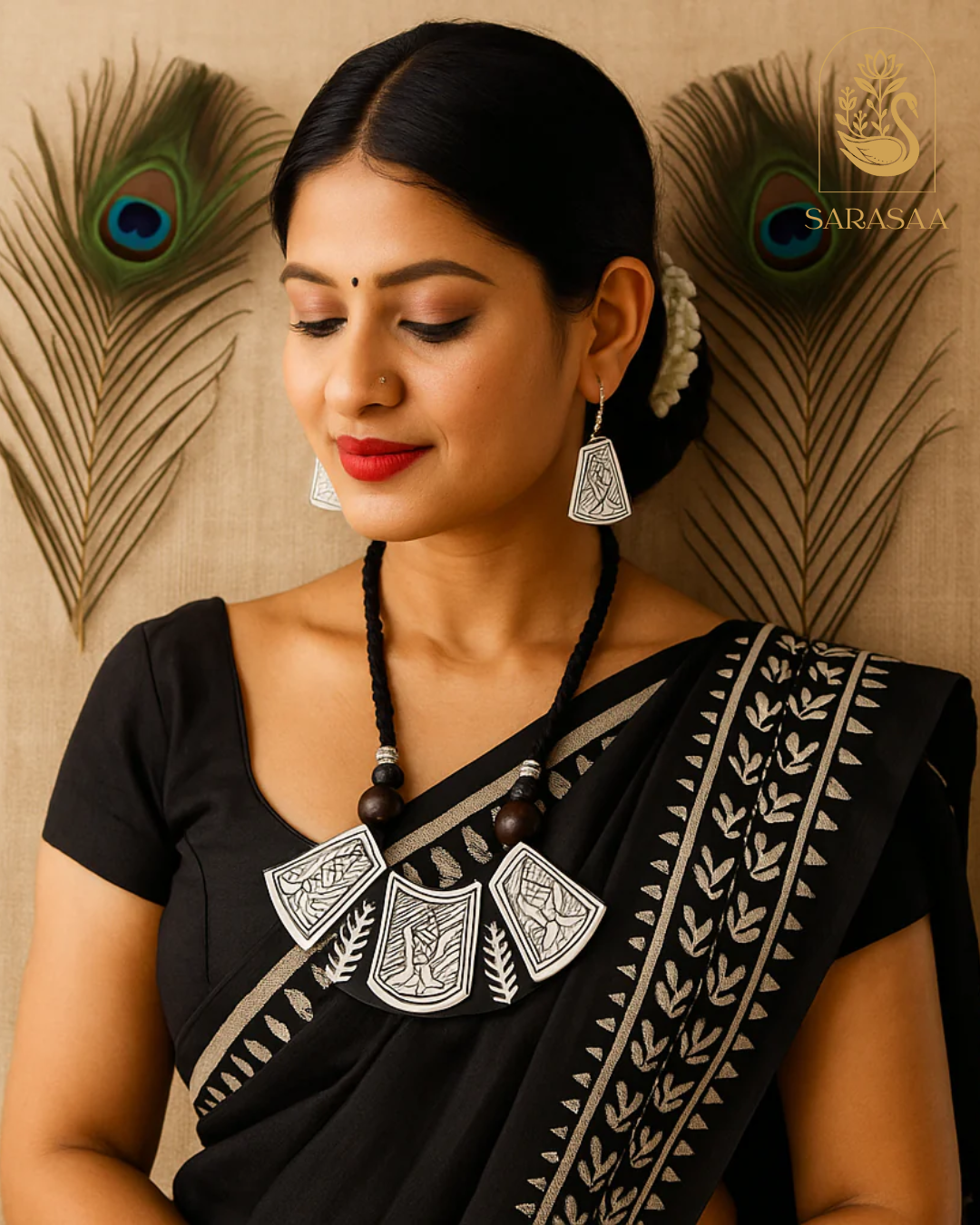 SarasaaFashion Black & White Tribal Art Necklace Set - 195
