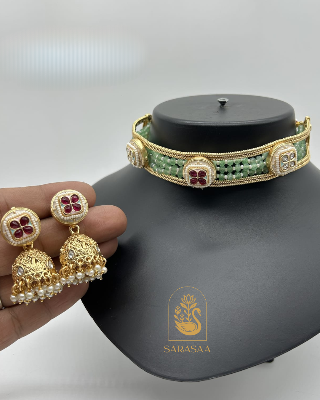 Sarasaa Green Beaded & Polki Kundan Gold-Plated Choker Necklace Set with Jhumka Earrings
