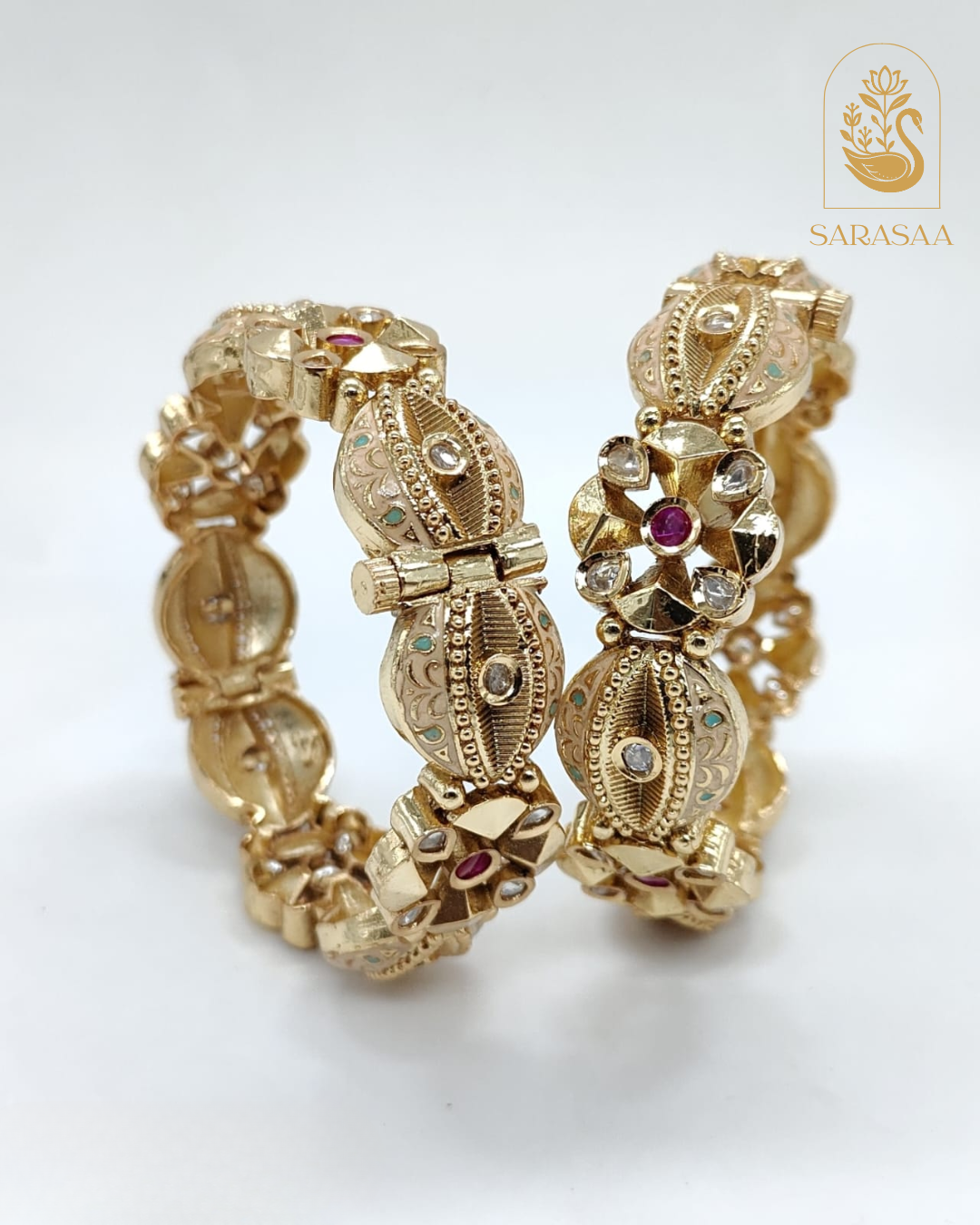 SarasaaFashion Exquisite Gold-Plated Kundan and Ruby Stone Bangle - 220