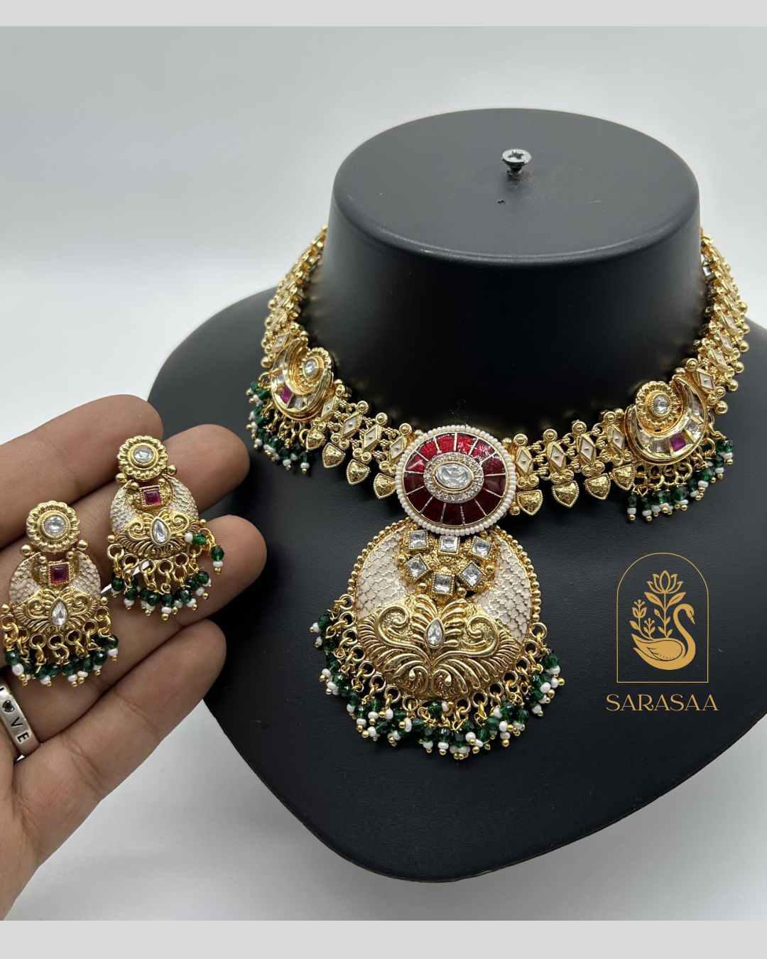Sarasaa Regal Gold Plated Kundan Choker Necklace Set with Pearl Drops and Matching Earrings