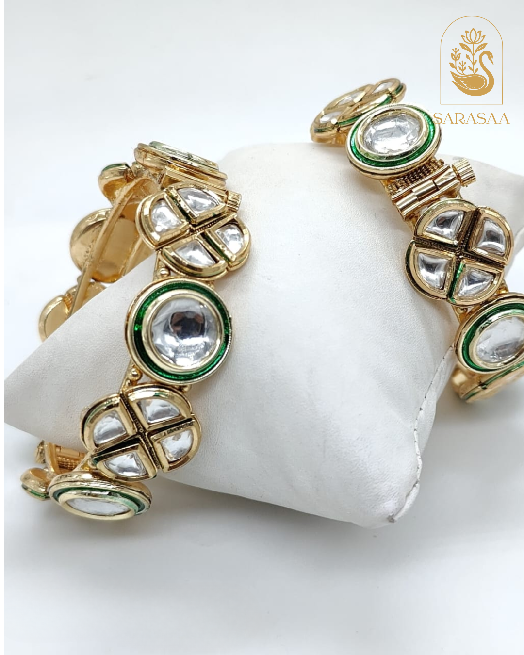 SarasaaFashion Elegant Gold-Plated Kundan Bangles with Green Meena Work - 213