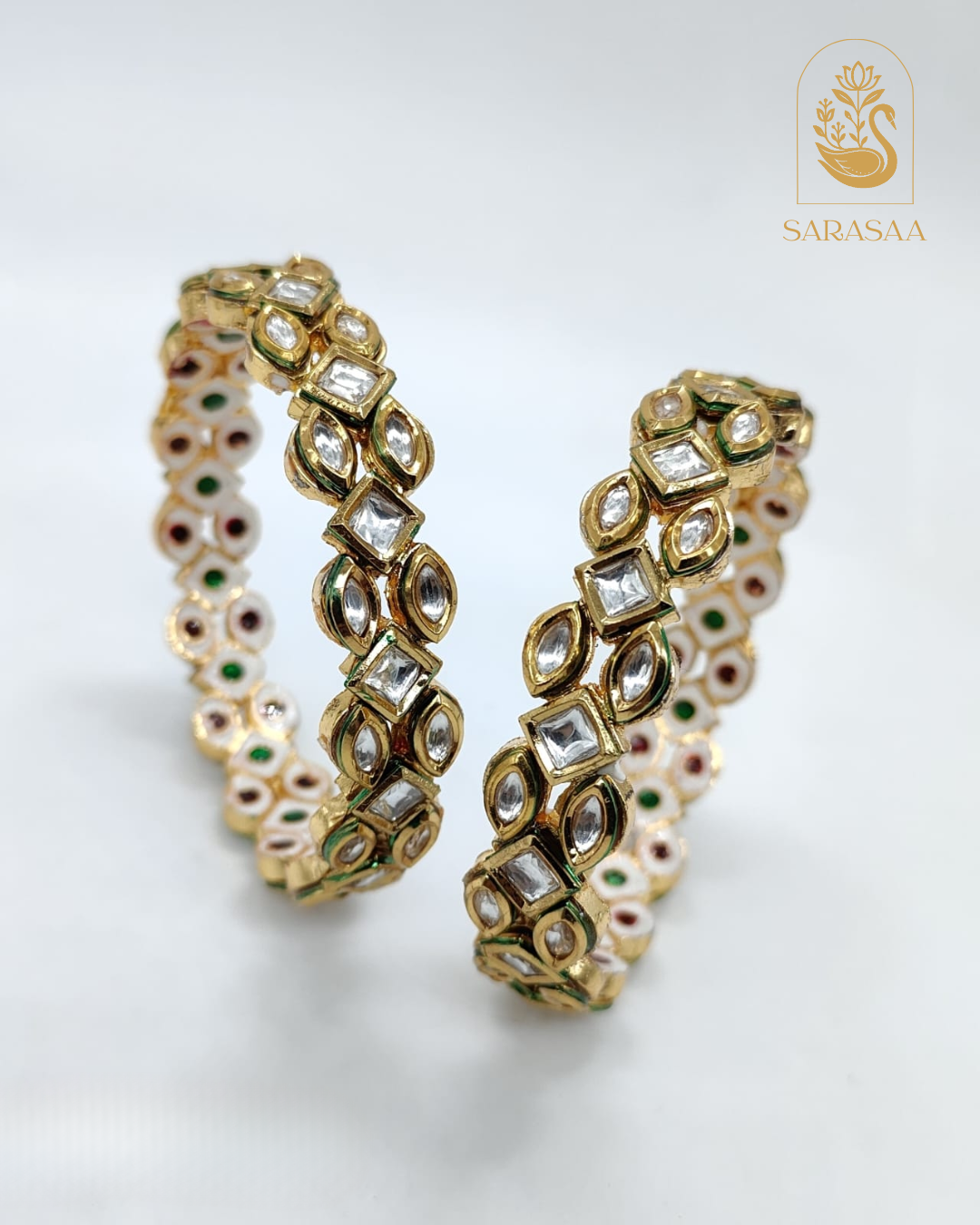 SarasaaFashion Pair of Exquisite Gold-Plated Openable Kundan Kada Bangles with Stone Details - 227