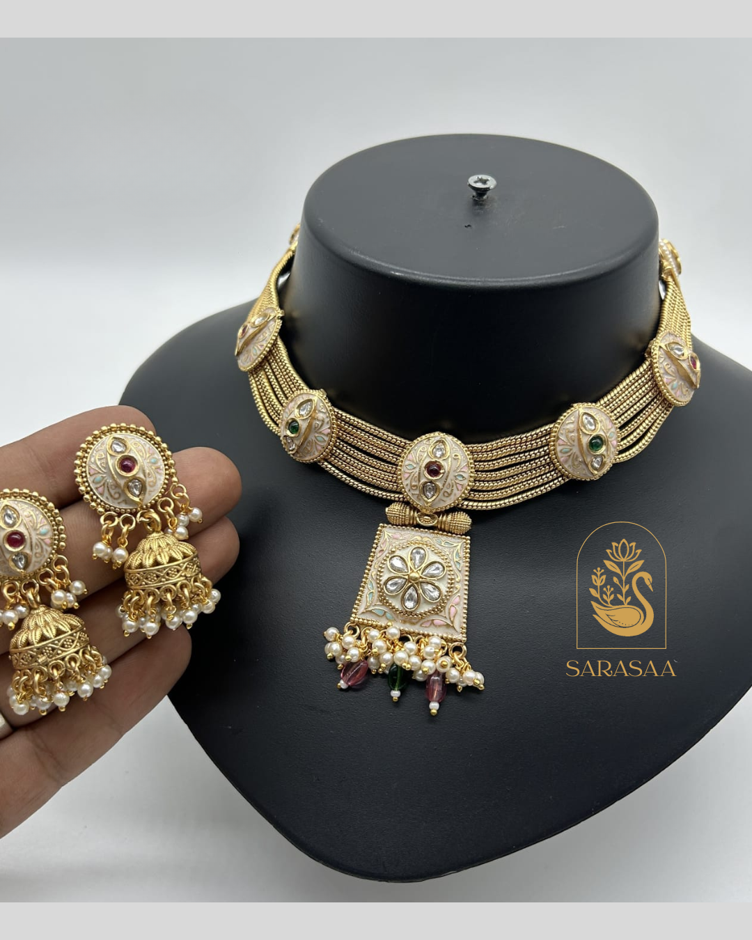 Sarasaa Traditional Gold-Plated Choker Necklace Set with Matching Jhumka Earrings
