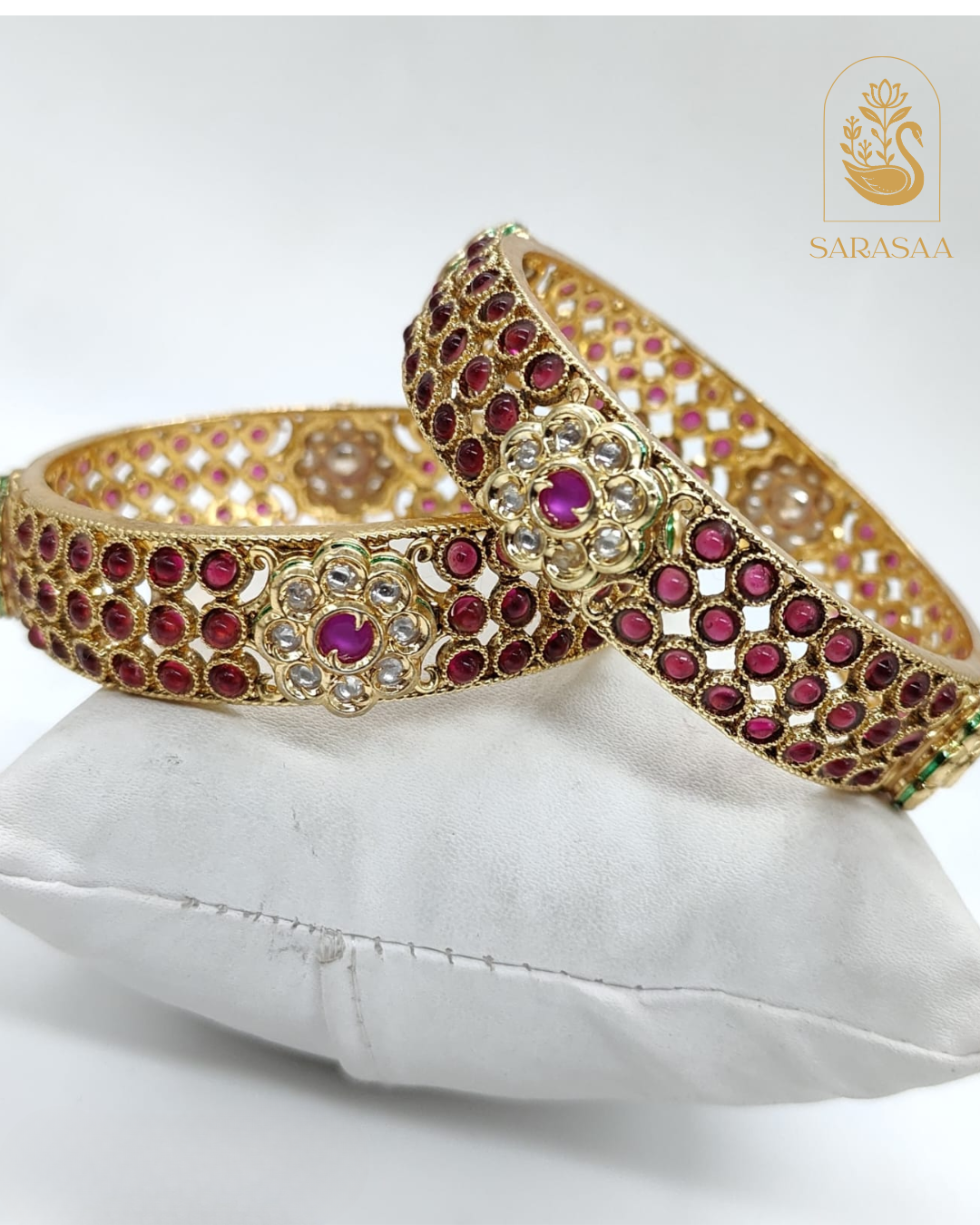 SarasaaFashion Exquisite Gold-Plated Kundan Style Stone-Studded Bangles with Floral Design - 232