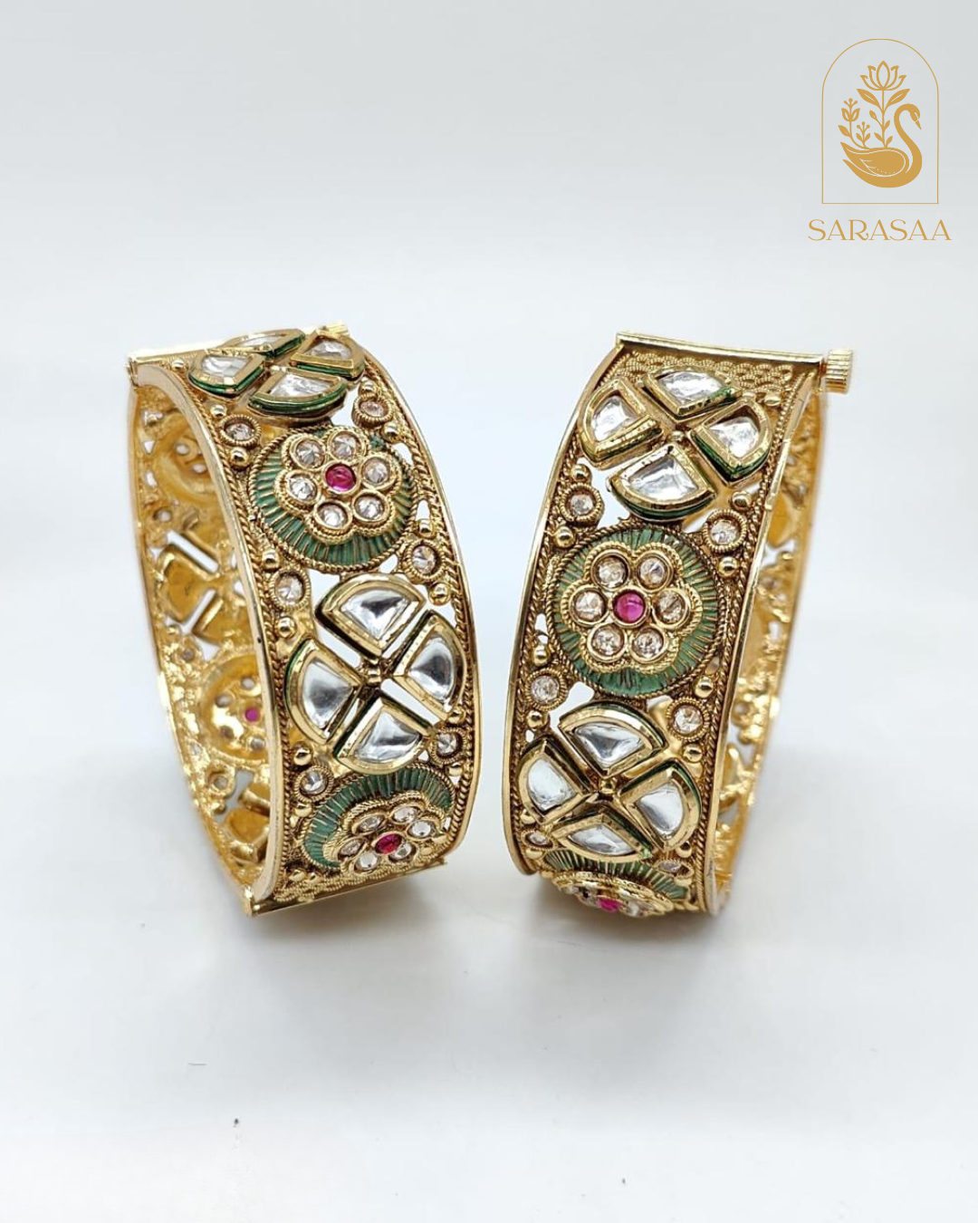 SarasaaFashion Gold Plated Pota Sapphires Stone Bangle Set - 233