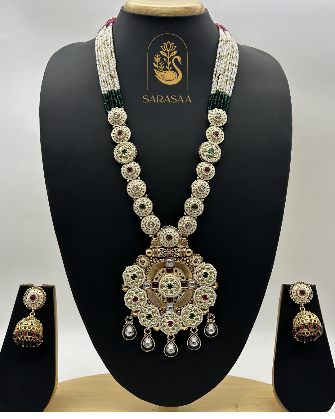 Sarasaa Gold Plated Pota Stone and Pearl Long Necklace. - 238