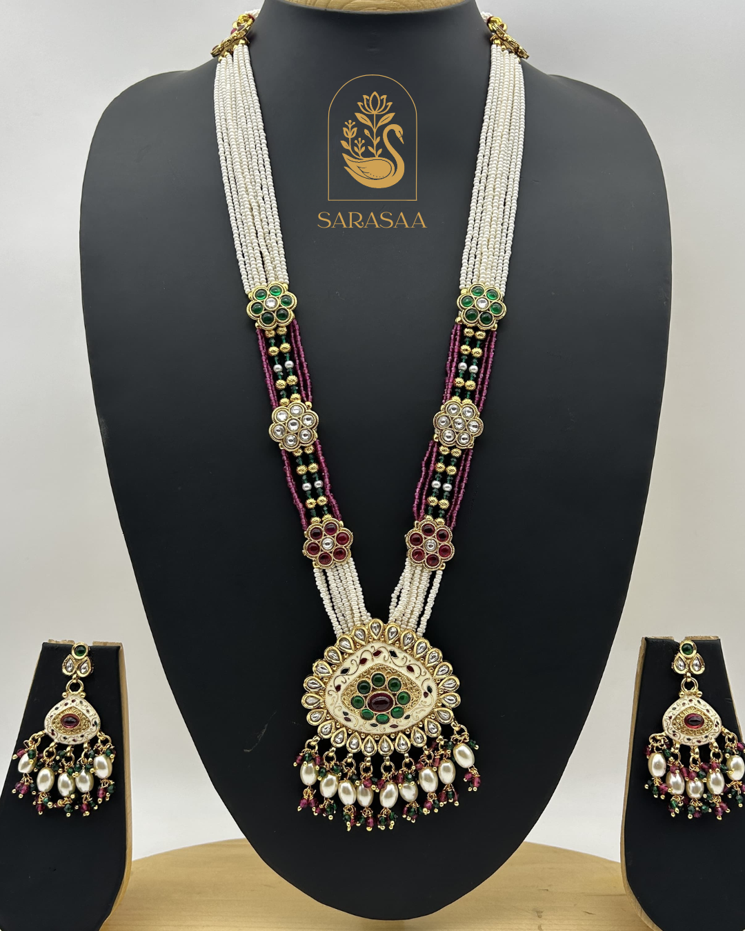 Sarasaa Traditional Long Pearl & Kundan Necklace Set with Matching Earrings - 242
