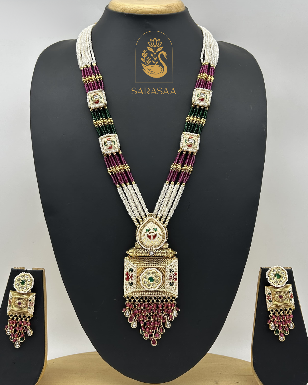Sarasaa White Golden Plated Kundan Work Beads And Stone Long Pendant Necklace Set with Matching Earrings - 243