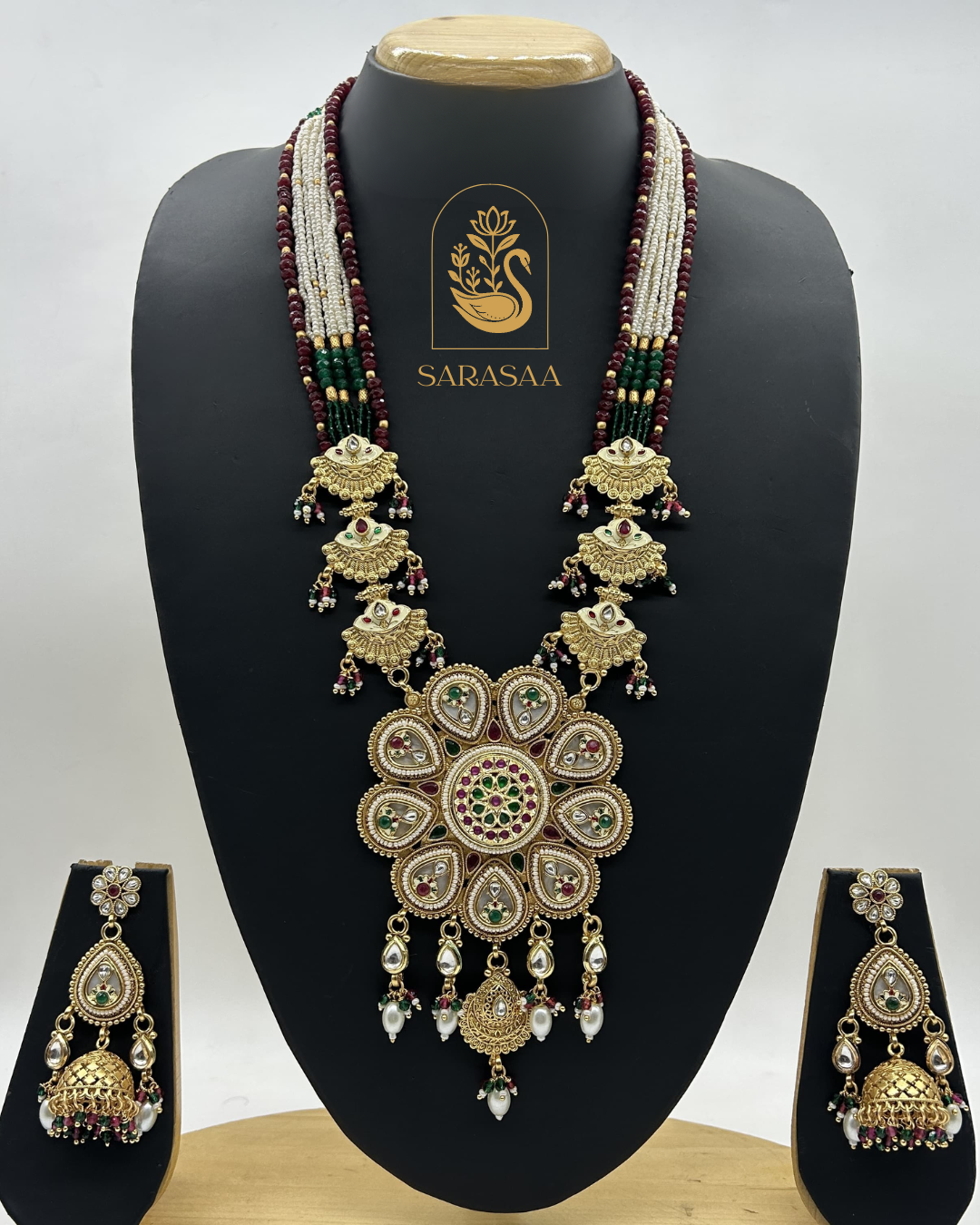 Sarasaa Everlasting Jadau Gold Plated Pearl Long Necklace Set - 244