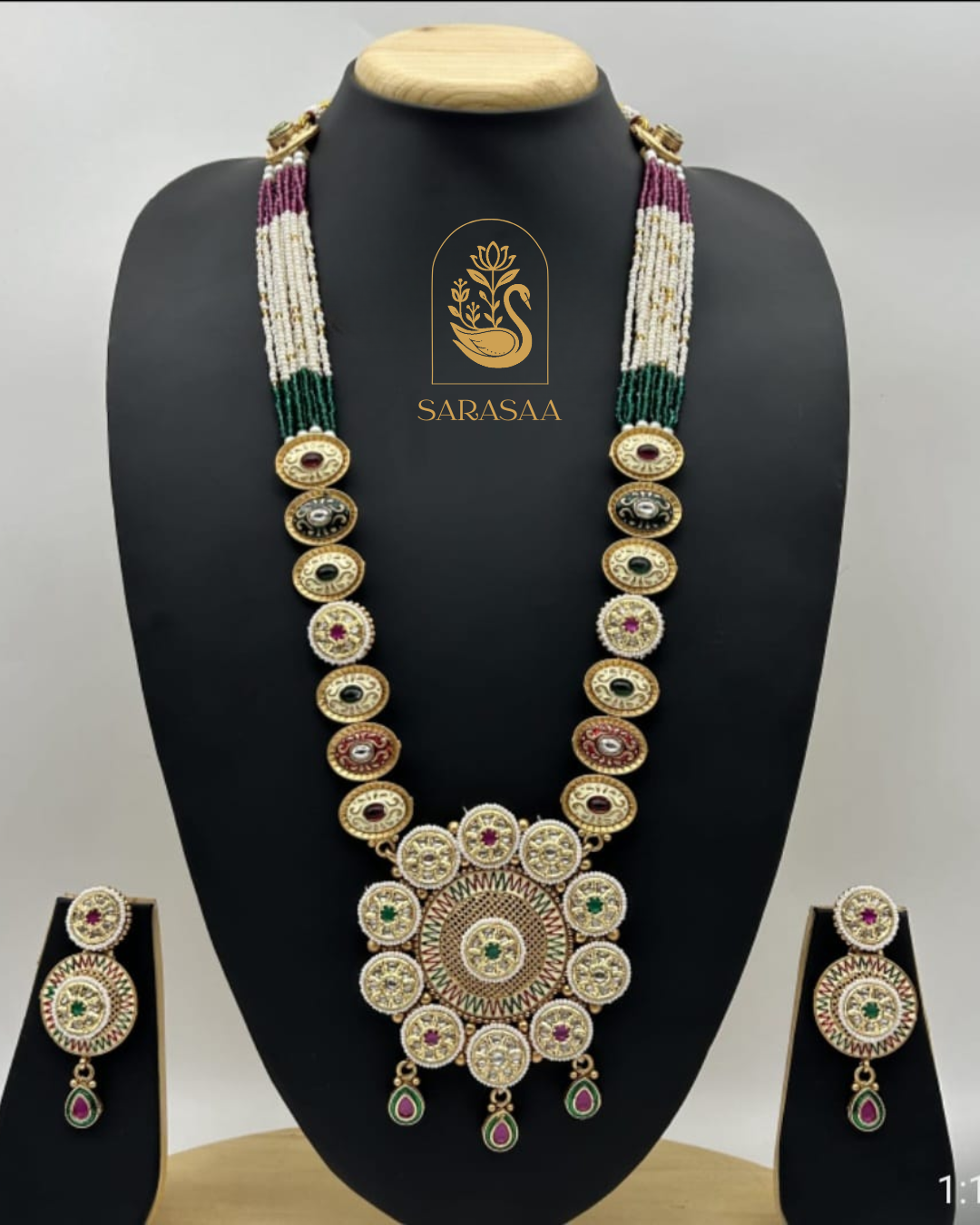 Sarasaa Elegant High Gold Plated Copper Rajwadi Mala Pendant Set with Earrings - 247