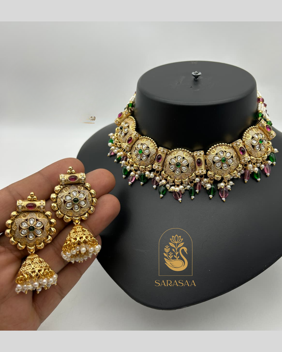 Sarasaa Elegant Kundan & Meenakari Choker Necklace Set with Jhumka Earrings - Semi-Bridal & Festive Wear