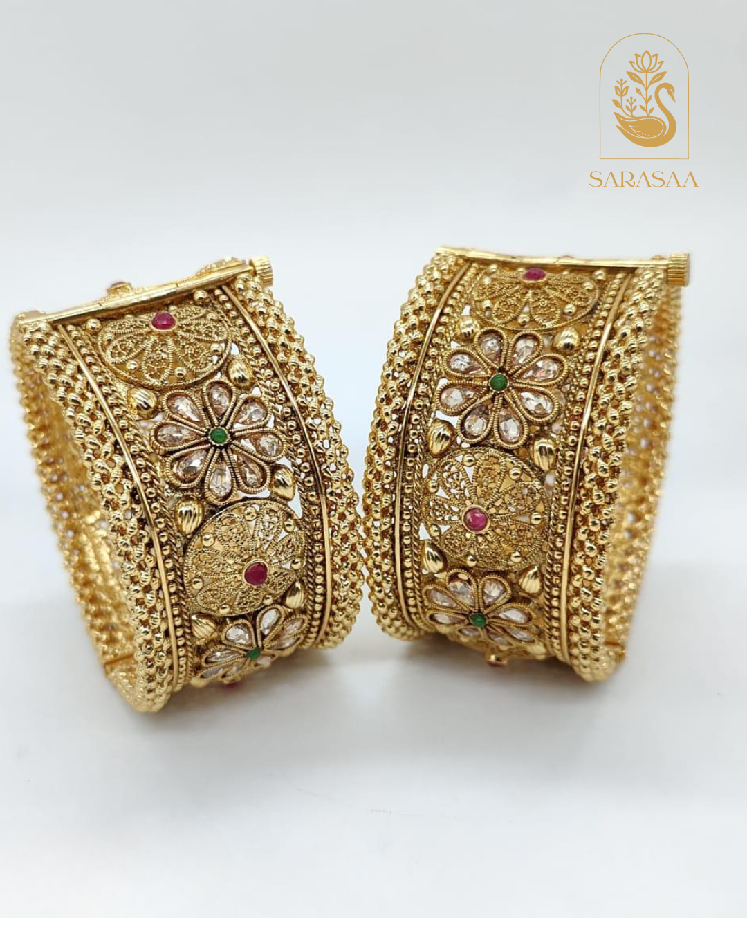 Sarasaa Exquisite Rajwadi Gold-Plated Kada Bangles with Floral Design. - 263