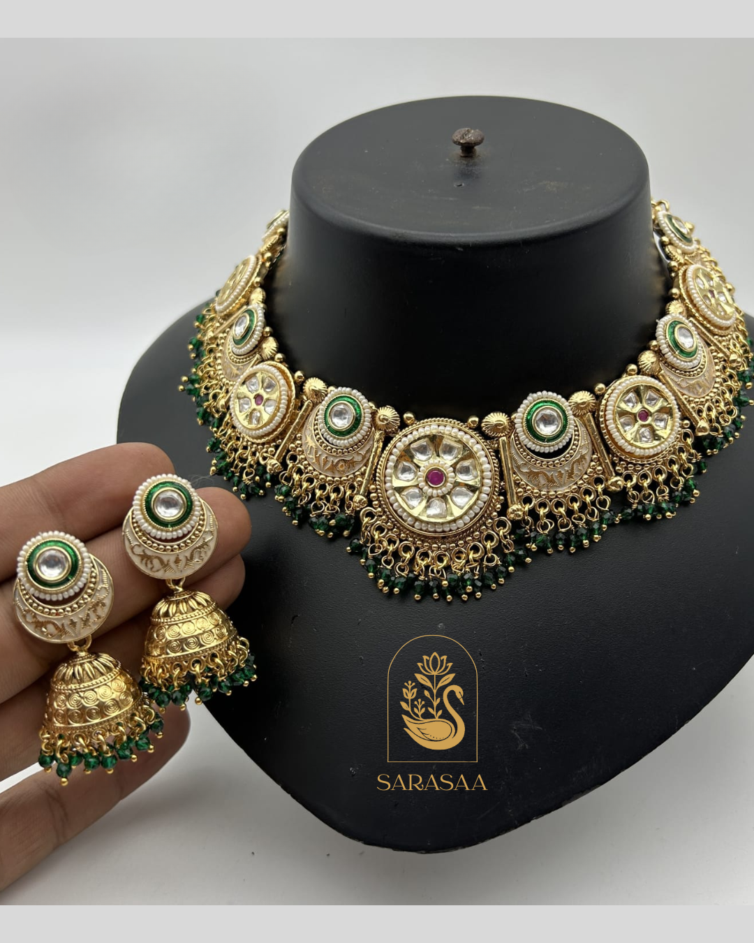 Sarasaa Heritage Gree Gold-Plated Kundan with matching Jhumka Earrings