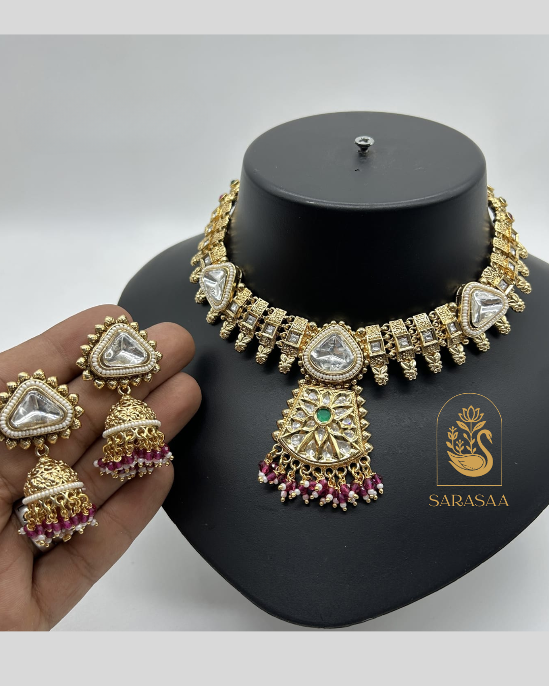 Sarasaa Designer Kundan & Meenakari Necklace Set with Jhumka Earrings
