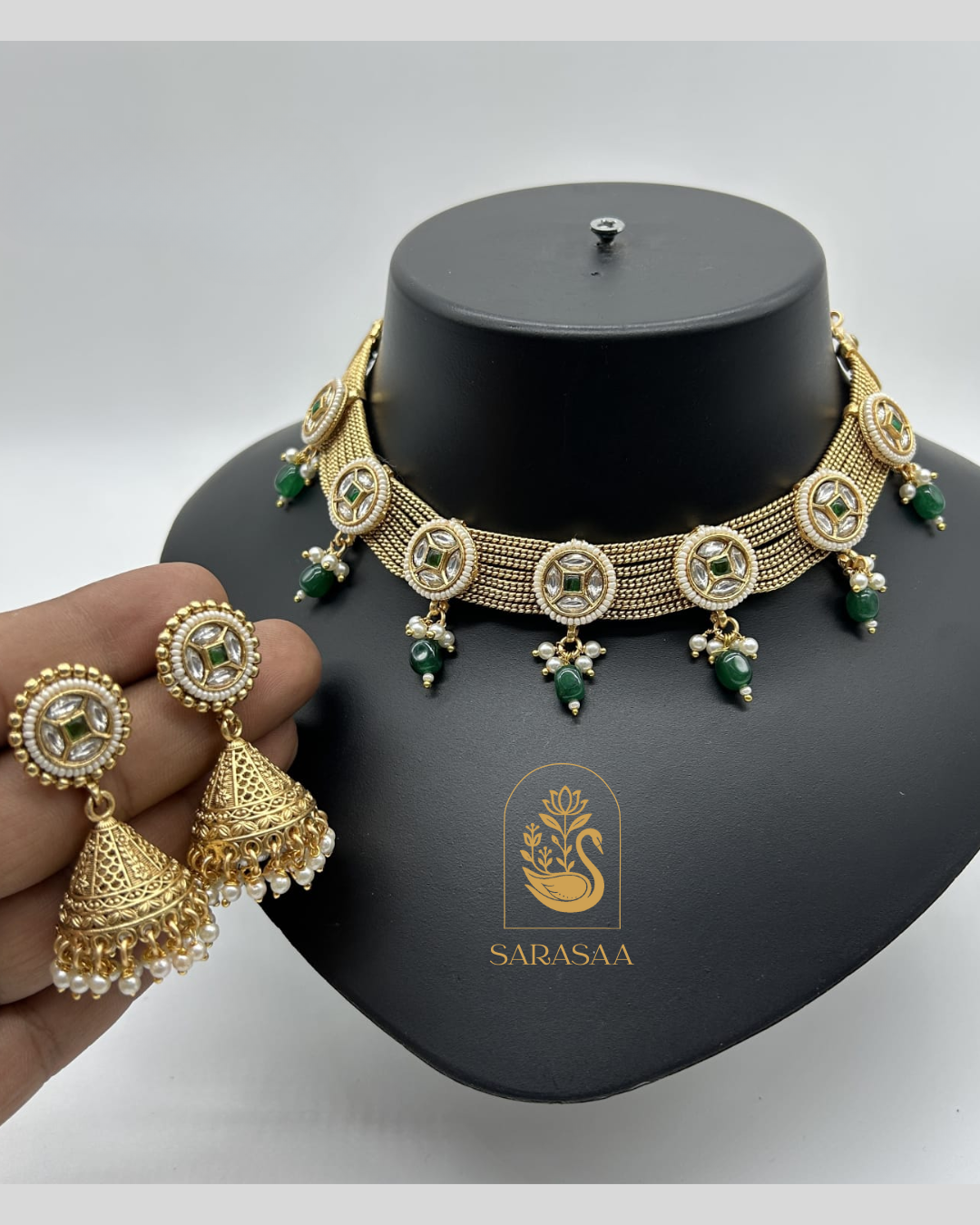 Sarasaa Gold Plated Traditional Emerald Green Stones Pearl Choker Necklace Set with Drop Earrings
