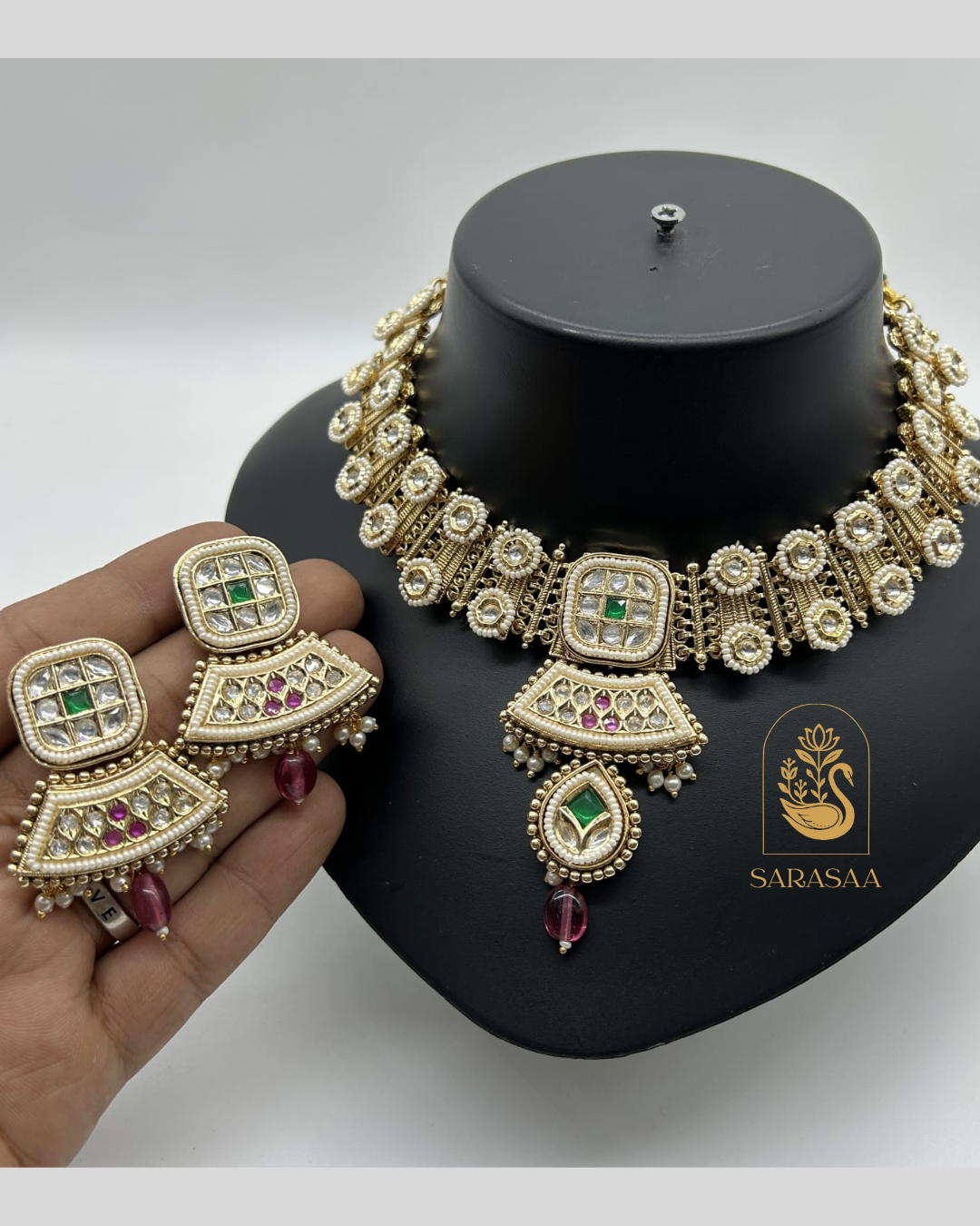 Sarasaa Traditional Gold Plated Pearl & Stone Studded Necklace Set with Earrings