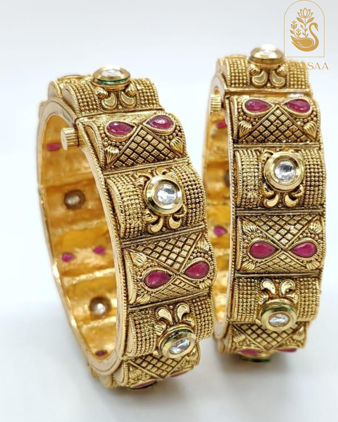 Sarasaa Exquisite Gold-Plated Jadau Bangles with Ruby & Kundan Accents - 265