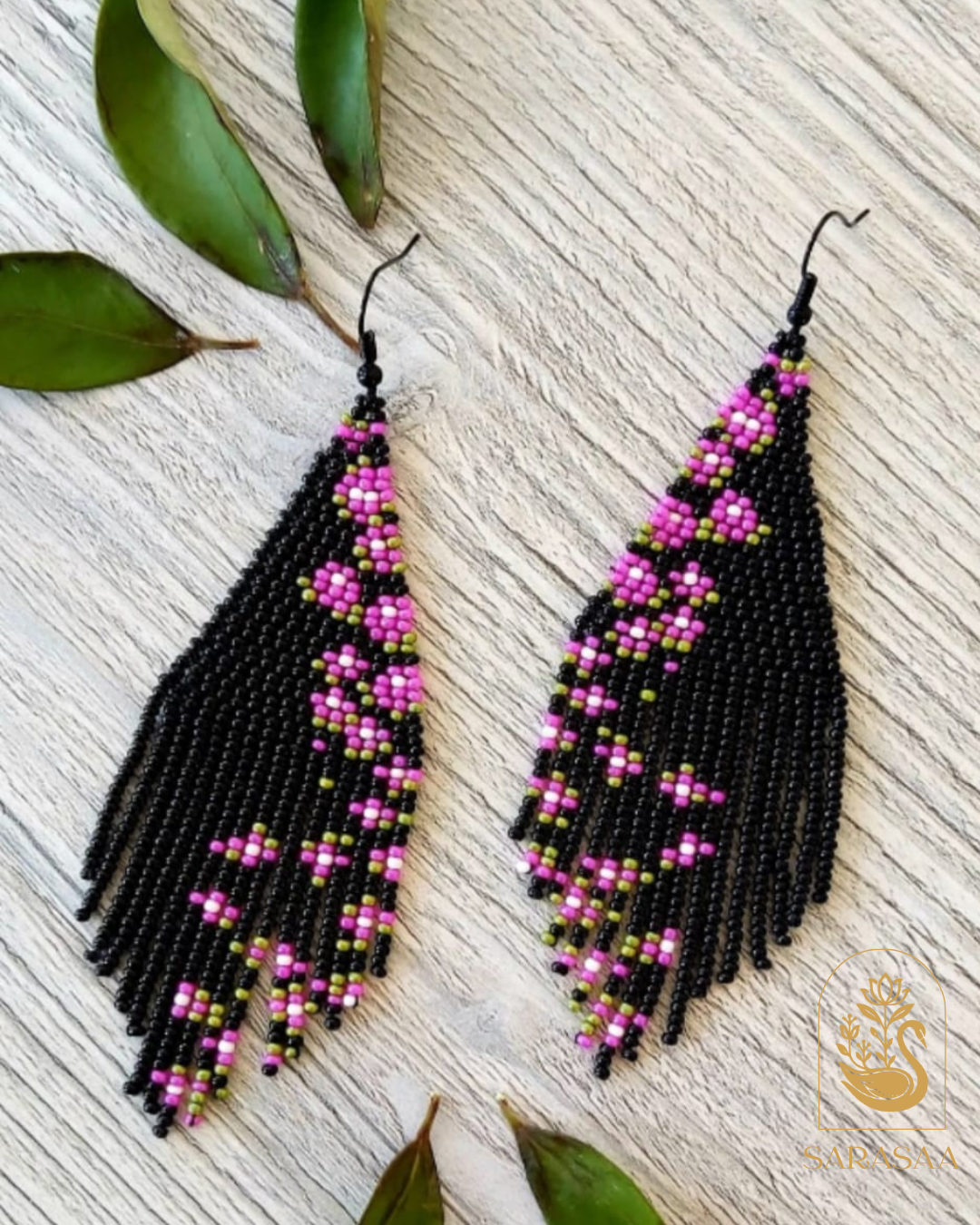 SARASAA Black Floral Beaded Fringe Earrings - 305