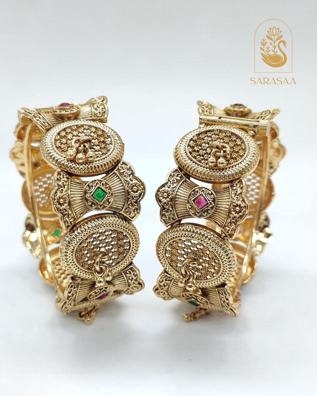 Sarasaa Gold-Toned Party Wear Jadau Bangles with Antique Gold Plated Kundan Kada Bangles with Meenakari WorkKemp Stone Embellishments - 266