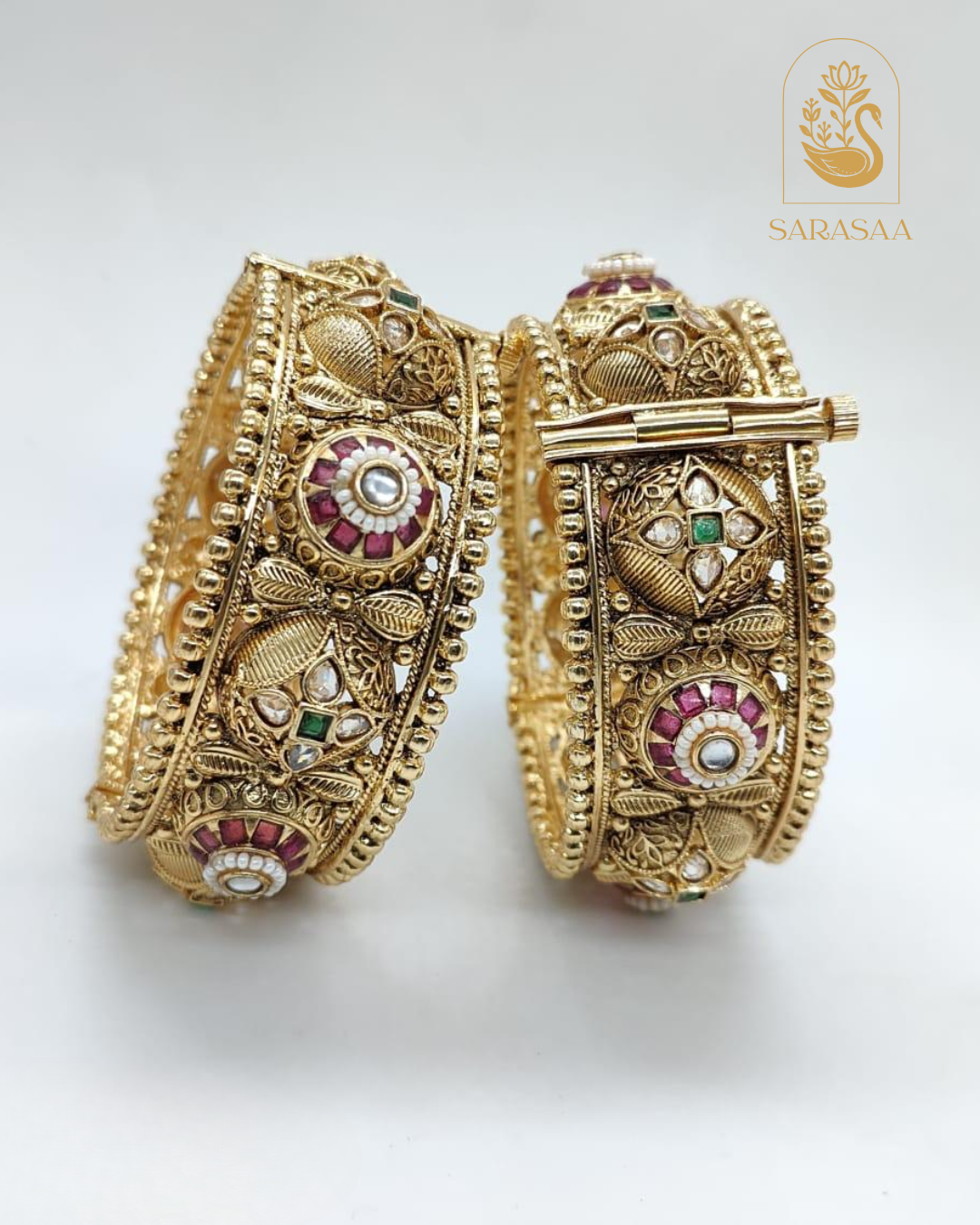 Sarasaa Royal Antique Gold Plated Kundan Kada Bangles with Meenakari & Stone Work - 267