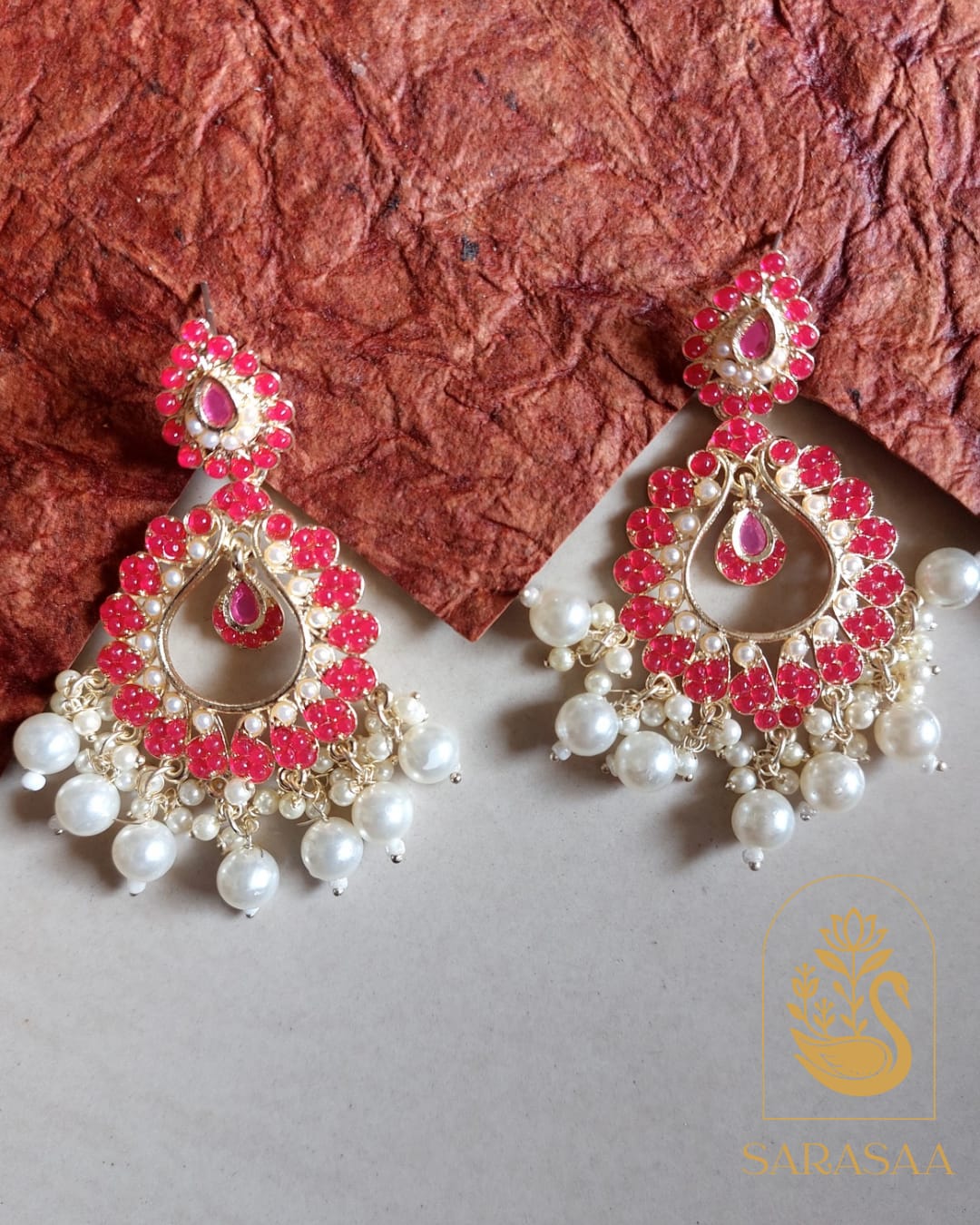 SarasaaFashion Gold Floral Red Dangler Chandbali Earrings - 123