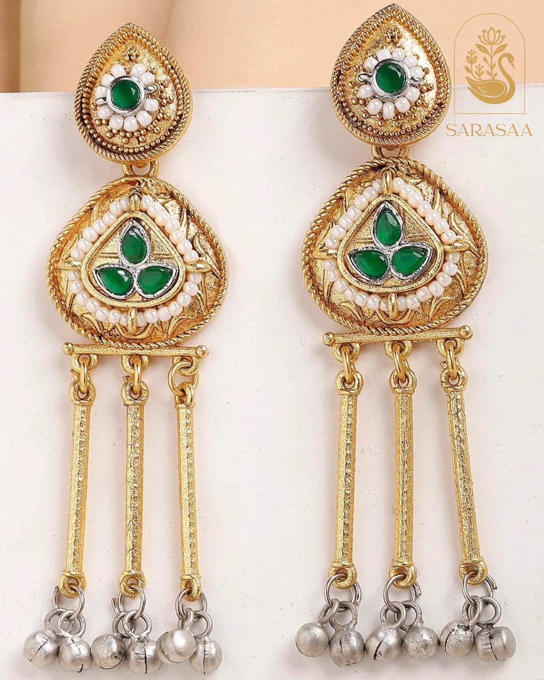 SarasaaFashion Traditional Green Stone Gold Plated Silver Tassels Drop Earrings - 109