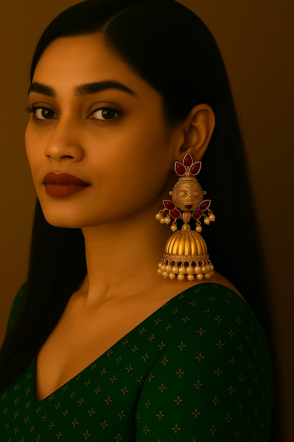 SarasaaFashion Antique Matte Gold Jhumka Earrings with Ruby Stones and Pearl Drops - 162