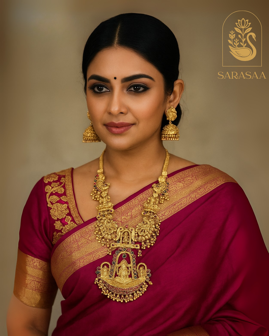 Sarasaa Gold Plated Pota Stone Temple Necklace Set with Jhumka Earrings