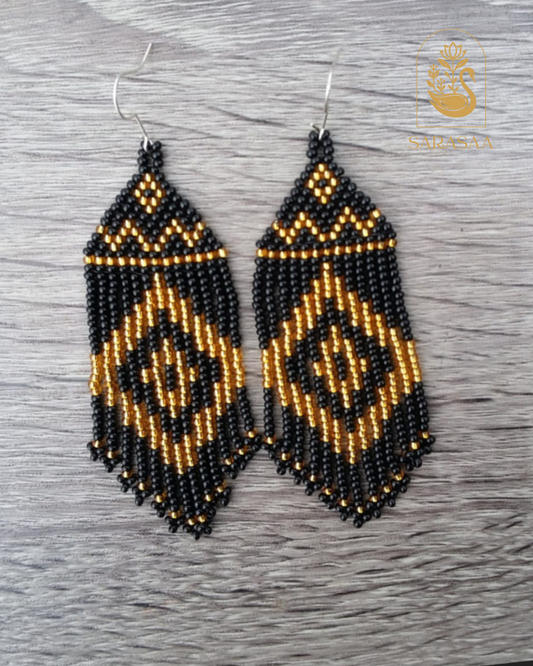SARASAA Handcrafted Black & Gold Seed Bead Fringe Dangle Earrings  - 308