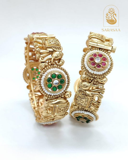Sarasaa Exquisite Golden Rajwadi Elephant Figure Kada Bangles  - 269