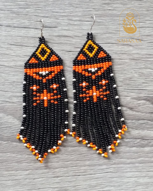 SARASAA Handcrafted Black, Orange & White Seed Bead Fringe Earrings(Tribal Style Danglers)  - 309