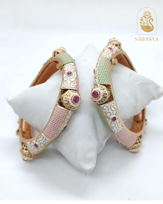 Sarasaa Antique Gold Plated Meenakari & Polki Openable Kada Bangles  - 273