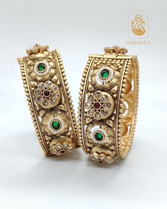 SARASAA Exquisite Gold Plated Rajwadi Bangles with Green & White Stone Detailing  - 275