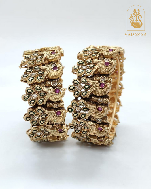 Sarasaa Antique Gold Plated Peacock Design Temple Kada Bangles with Ruby-Red Stones  - 277