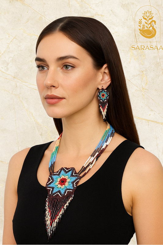 Sarasaa Handcrafted Multicolor Seed Bead Necklace & Earring Set with Medallion Pendant