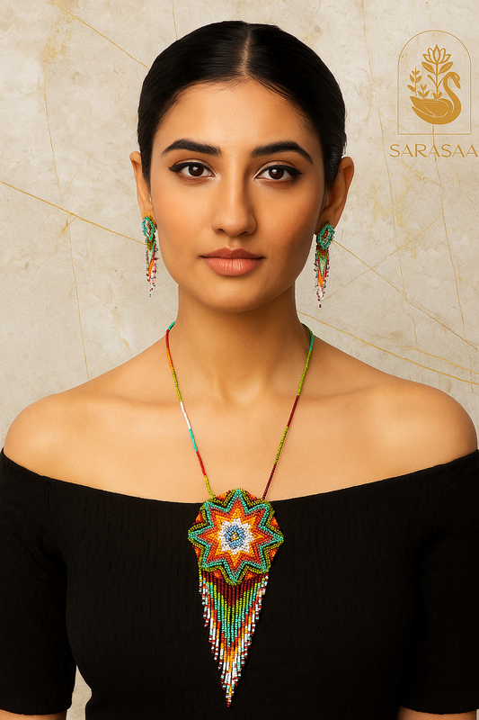 Sarasaa Handmade Native American Style Green,Orange Beaded Necklace and Earring Set