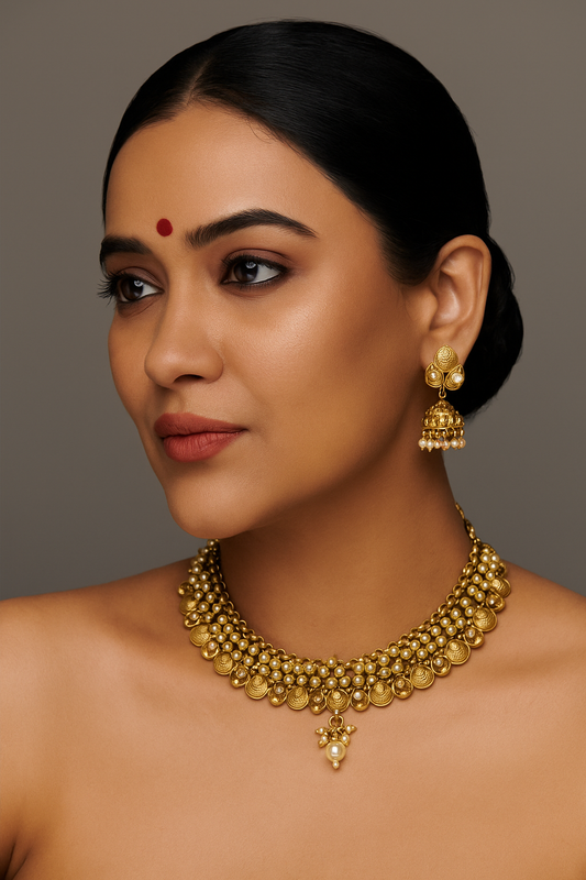 Sarasaa Traditional Gold Polish Brass Indian Bridal Necklace Set with Jhumka Earrings