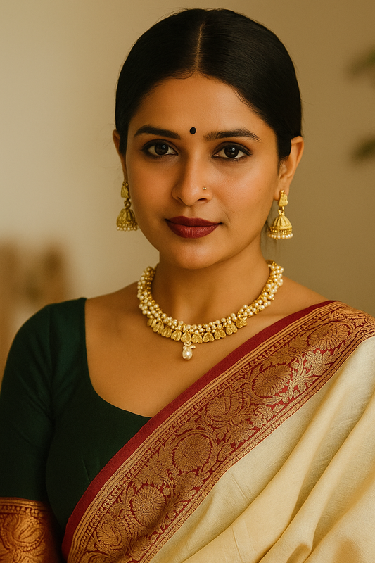 Sarasaa Gold-Plated Polki & Pearl Choker Necklace Set with Matching Earrings