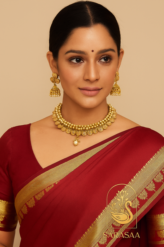 Sarasaa Gold-Plated Choker Necklace Set with Pearl Accents & Jhumka Earrings