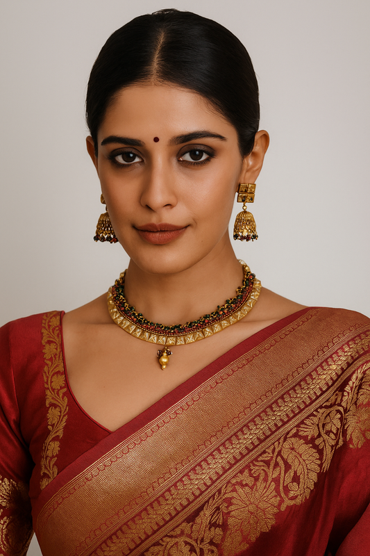 Sarasaa Rajwadi Gold-Plated Stone-Studded Necklace Set with Matching Earrings
