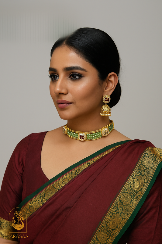 Sarasaa Green Beaded & Polki Kundan Gold-Plated Choker Necklace Set with Jhumka Earrings